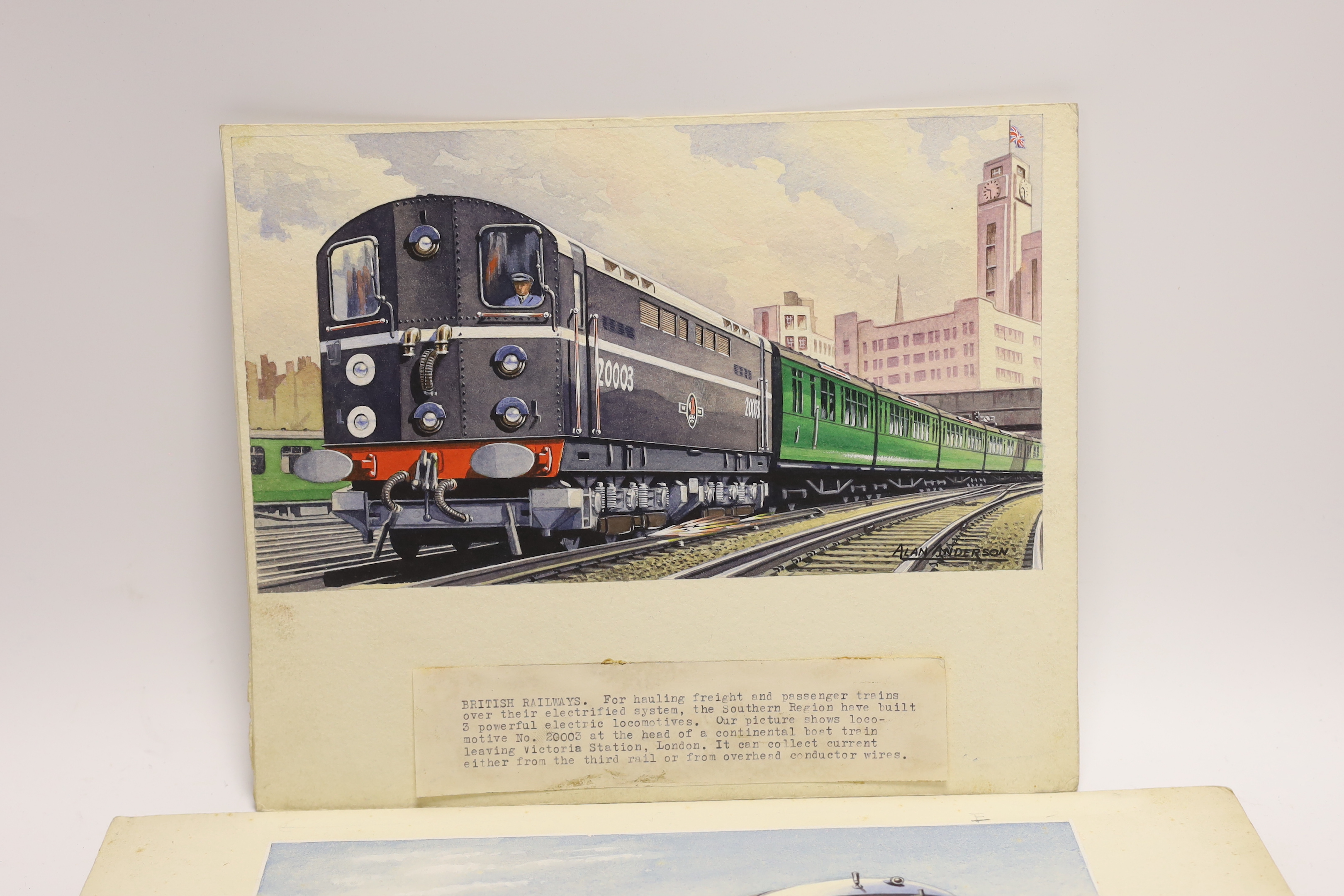 Alan Anderson, two watercolours, a BR Class 70 electric locomotive leaving Victoria Station, and a gas turbine locomotive 18000, 15.5 x 27cm, both signed